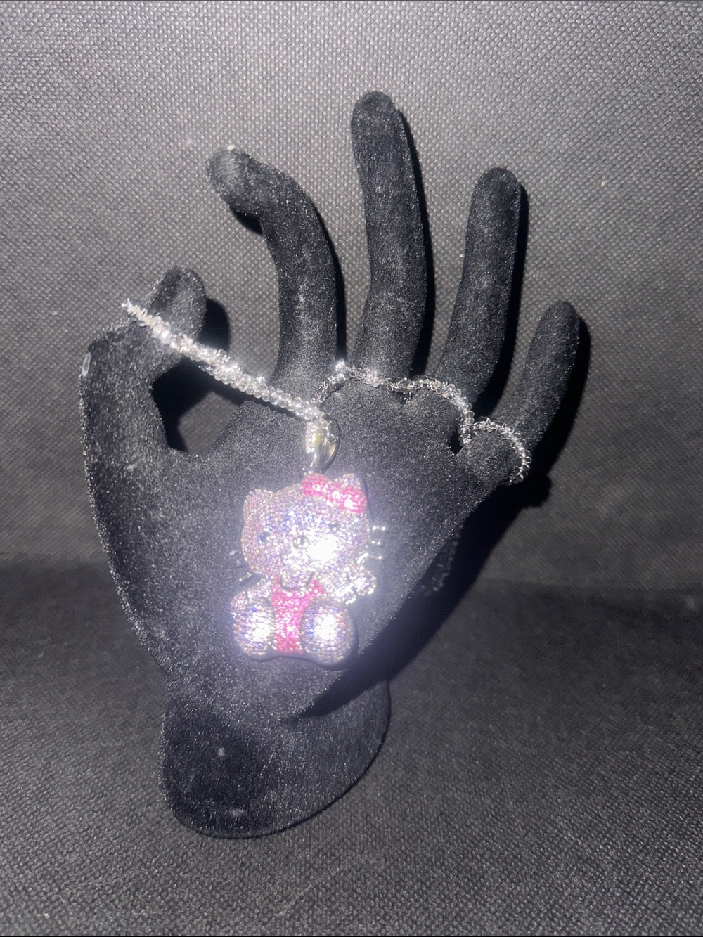 Cute Pink Crystal Hello Kitty Pendant Necklace - Silver with light Purple Tone
